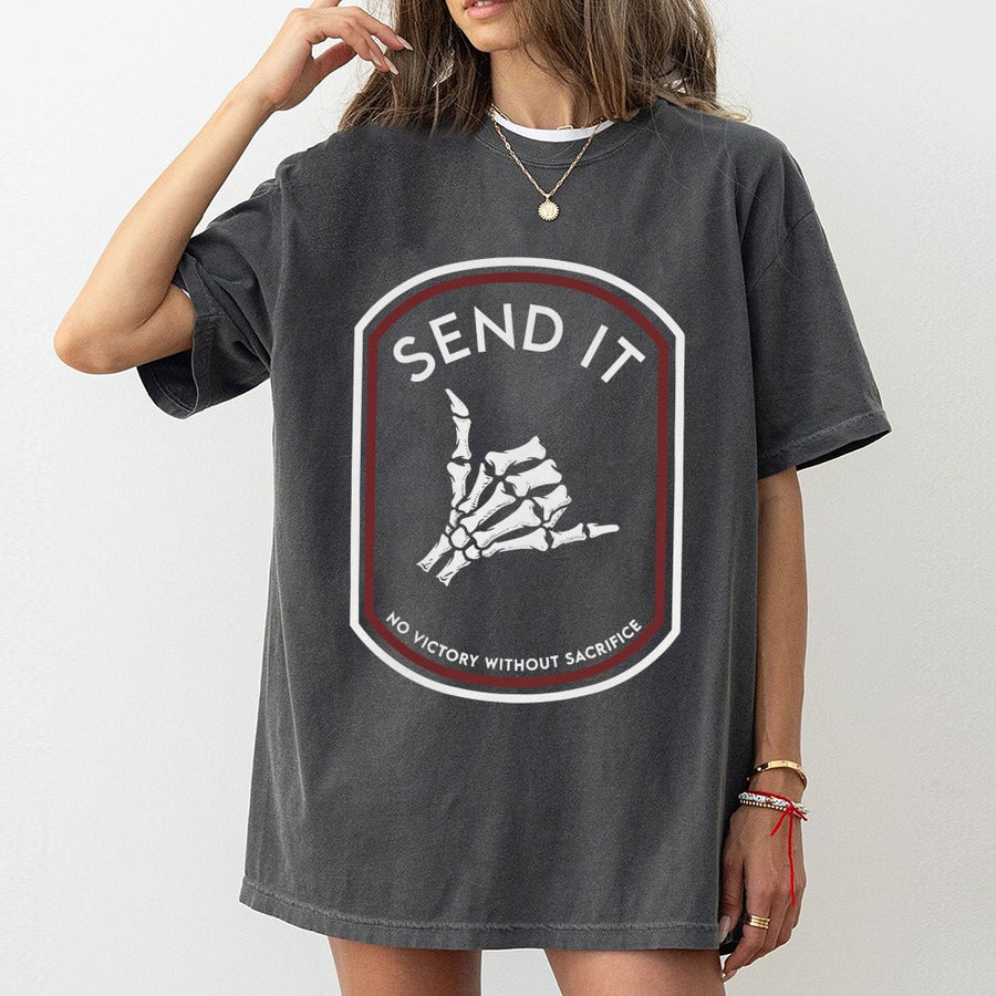 Send It Graphic T-Shirt | Skeleton Shaka Hand Sign Design | 100% Cotton Premium Quality | Tactical Fitness Apparel for Men and Women