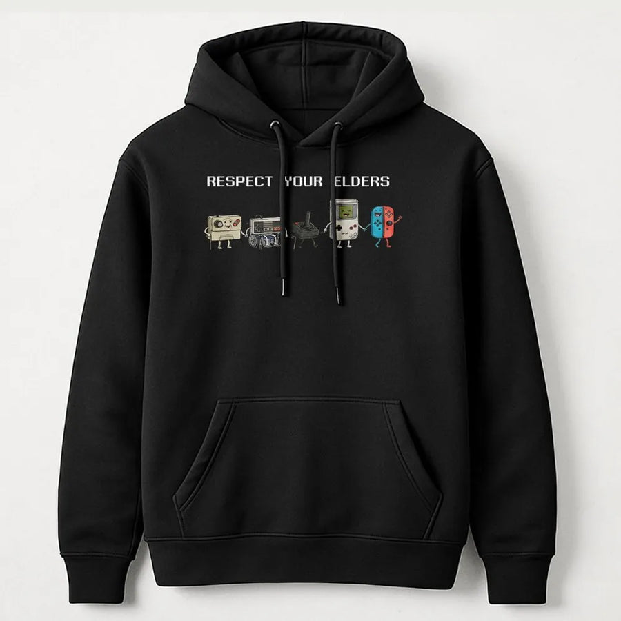 Respect Your Elders Retro Gamer Hoodie | 90s Video Game Console Graphic | Premium Cotton Blend | Gift for Gamers & Retro Tech Enthusiasts