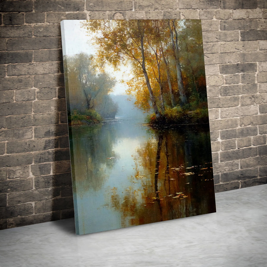 Autumn River Canvas Print | Impressionist Forest Reflection Art | Premium Gallery Wrapped Canvas | Rustic Home Decor Gift