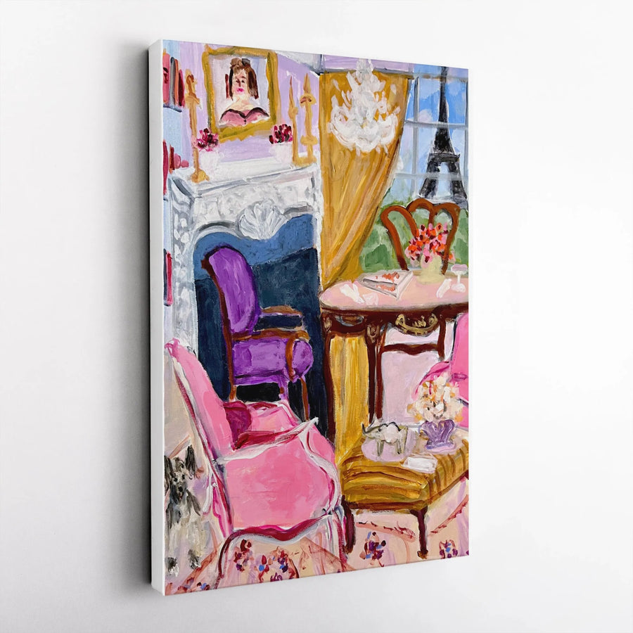 Parisian Apartment Canvas Print | Impressionist Painting with Eiffel Tower View | Premium Gallery Wrapped Wall Art | French Home Decor Gift