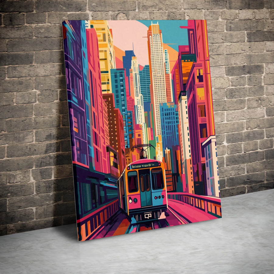 Urban Cityscape Canvas Print | Modern Pop Art Subway Train | Gallery Wrap 1.25" Profile | Vibrant Home Decor Wall Art