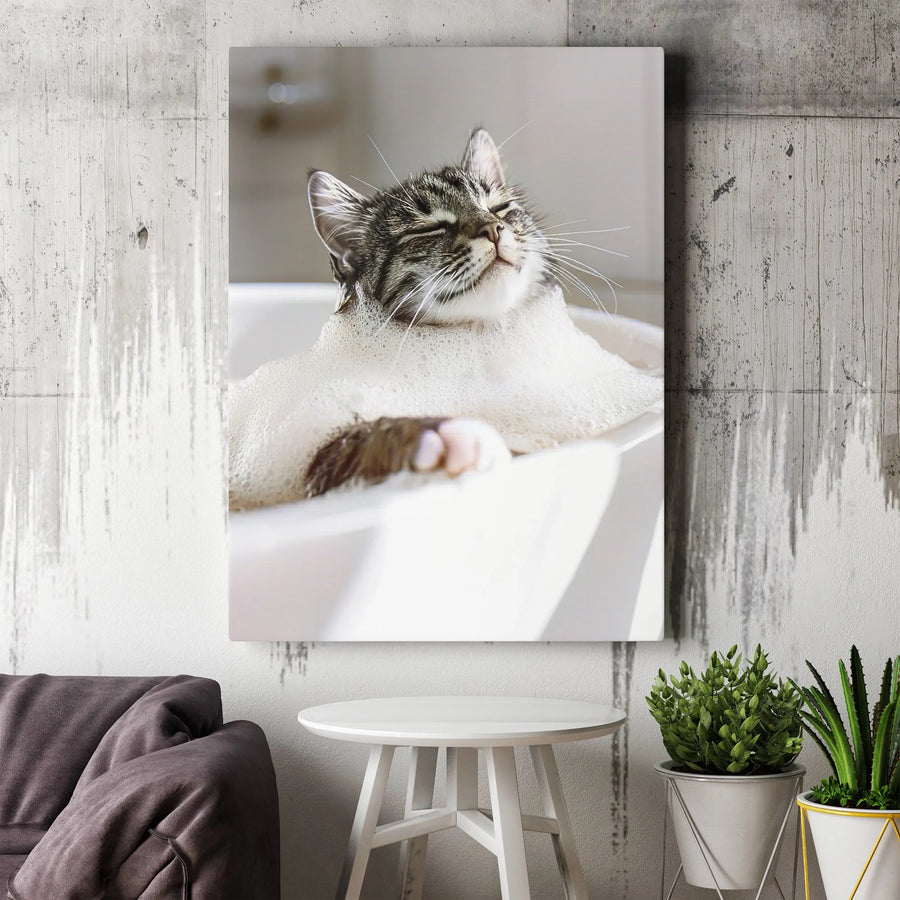 Funny Cat Bathing Canvas Print | Tabby Cat In Bubble Bath Wall Art | Premium Gallery-Wrapped Decor | Unique Gift For Cat Lovers
