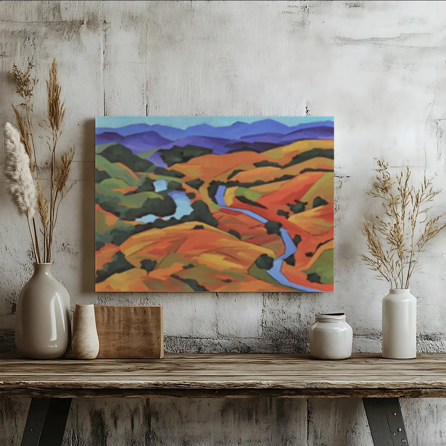 Abstract Rolling Hills Canvas Print | Vibrant River Valley Landscape Painting | Premium Thick Gallery Wrap Canvas | Modern Living Room Wall Decor