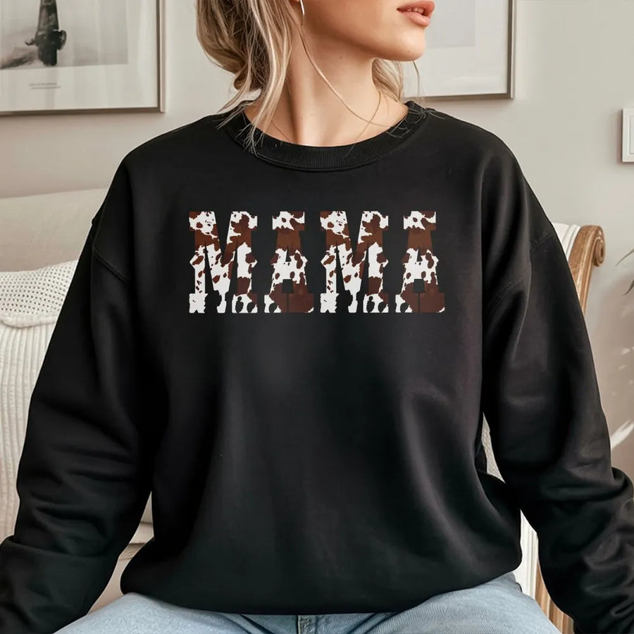 Mama Cow Print Sweatshirt | Western Varsity Graphic Crewneck | Premium Cotton-Poly Blend | Country Style Mother's Day 2026 Gift