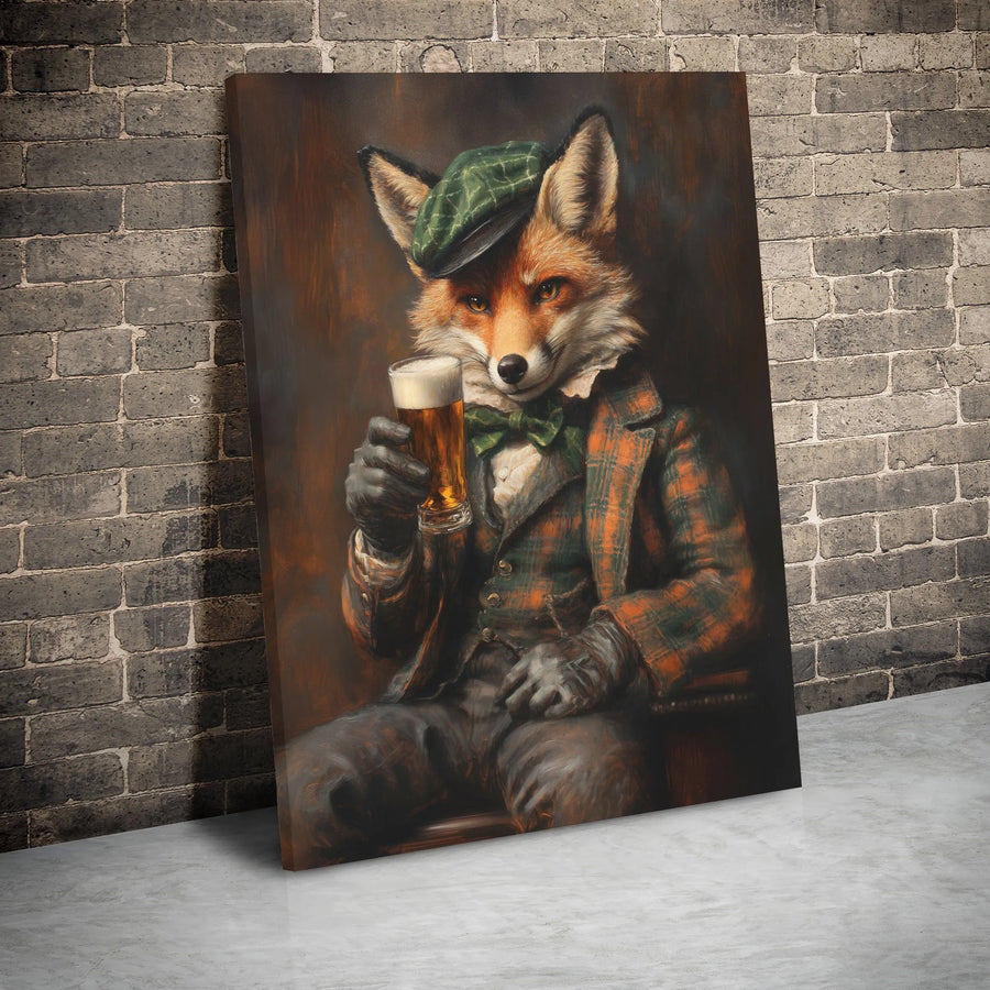 Fox Gentleman Drinking Beer Canvas | Rustic Plaid Suit Portrait | Premium Gallery Wrap Wall Art | Unique Bar Decor & Pub Gift