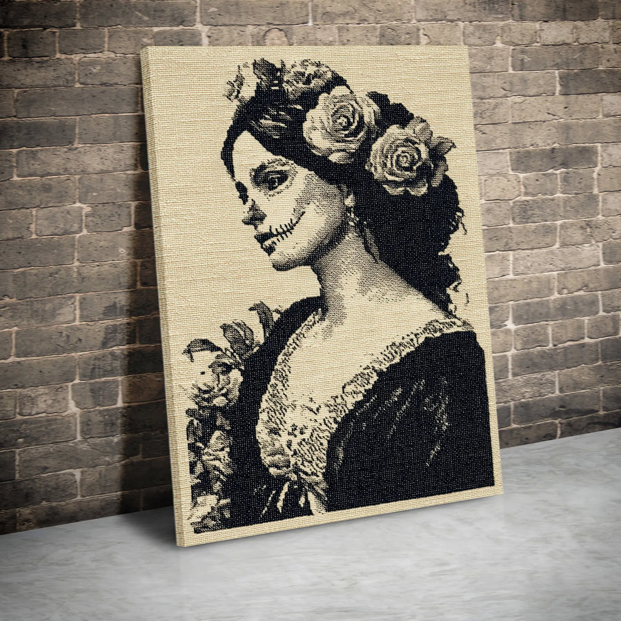 Day of the Dead Wall Art | Vintage Sugar Skull Woman with Roses | Premium 1.25" Gallery Canvas | Gothic Home Decor Gift for Her