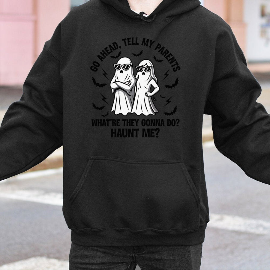 Funny Ghost Hoodie | Tell My Parents Haunt Me Graphic | Soft Cotton Blend Pullover | Sarcastic Halloween Gift for Adults