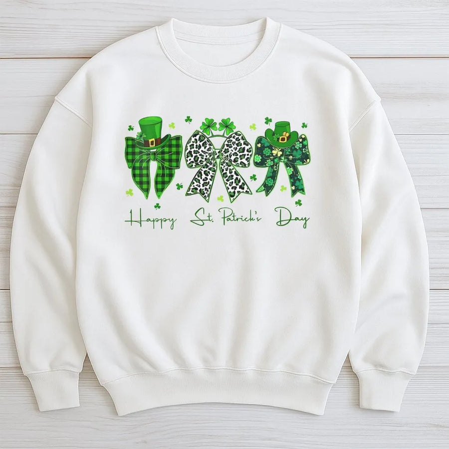 St. Patrick's Day Coquette Bow Sweatshirt | Clover Shamrock Graphic Print | Premium Cotton Blend Crewneck | Cute Irish Lucky Gift For Her