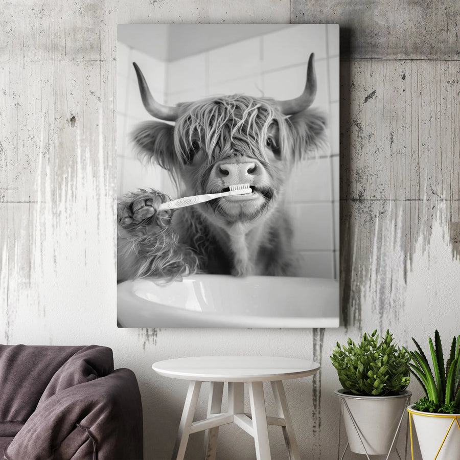 Funny Highland Cow Bathroom Wall Art | Brushing Teeth Portrait | Premium 1.25" Gallery Canvas | Farmhouse Decor Gift for Animal Lovers