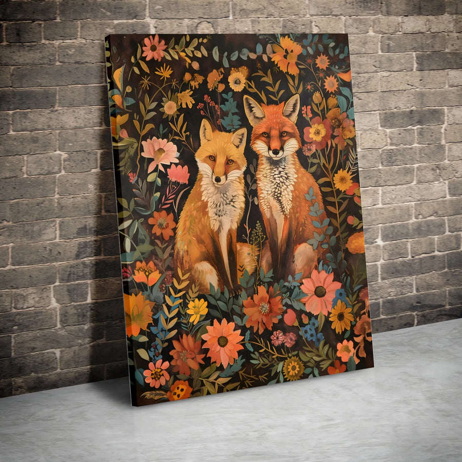 Vintage Fox Canvas Print | Two Foxes in Floral Woodland Art | Premium Gallery Wrapped Canvas | Unique Gift for Animal Lover & Cottagecore Decor