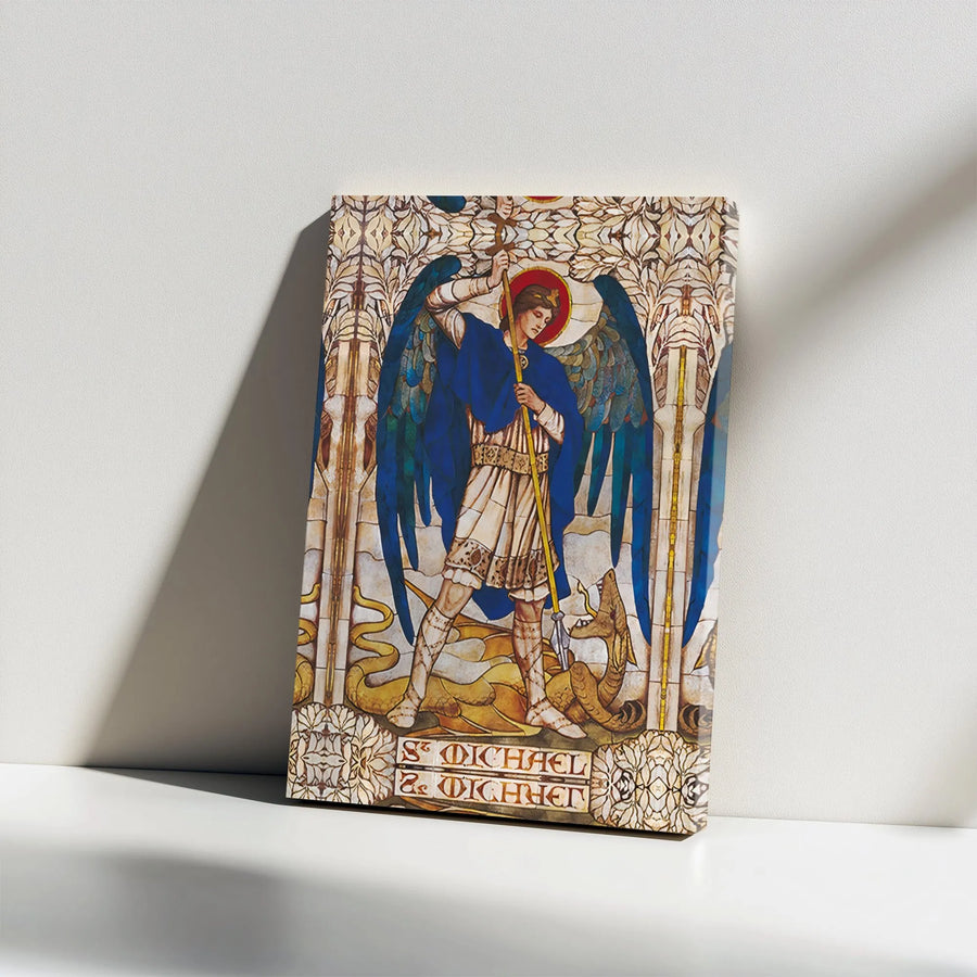 Saint Michael the Archangel Canvas Wall Art | Vintage Stained Glass Style | Premium Gallery Wrap Canvas | Catholic Home Decor Gift