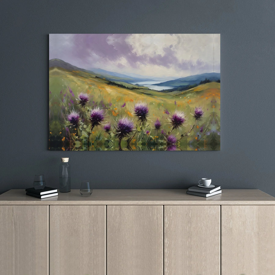 Purple Thistle Meadow Landscape Canvas | Highland Lake Mountain View | Premium Gallery-Wrapped Print | Nature-Inspired Home Decor Wall Art