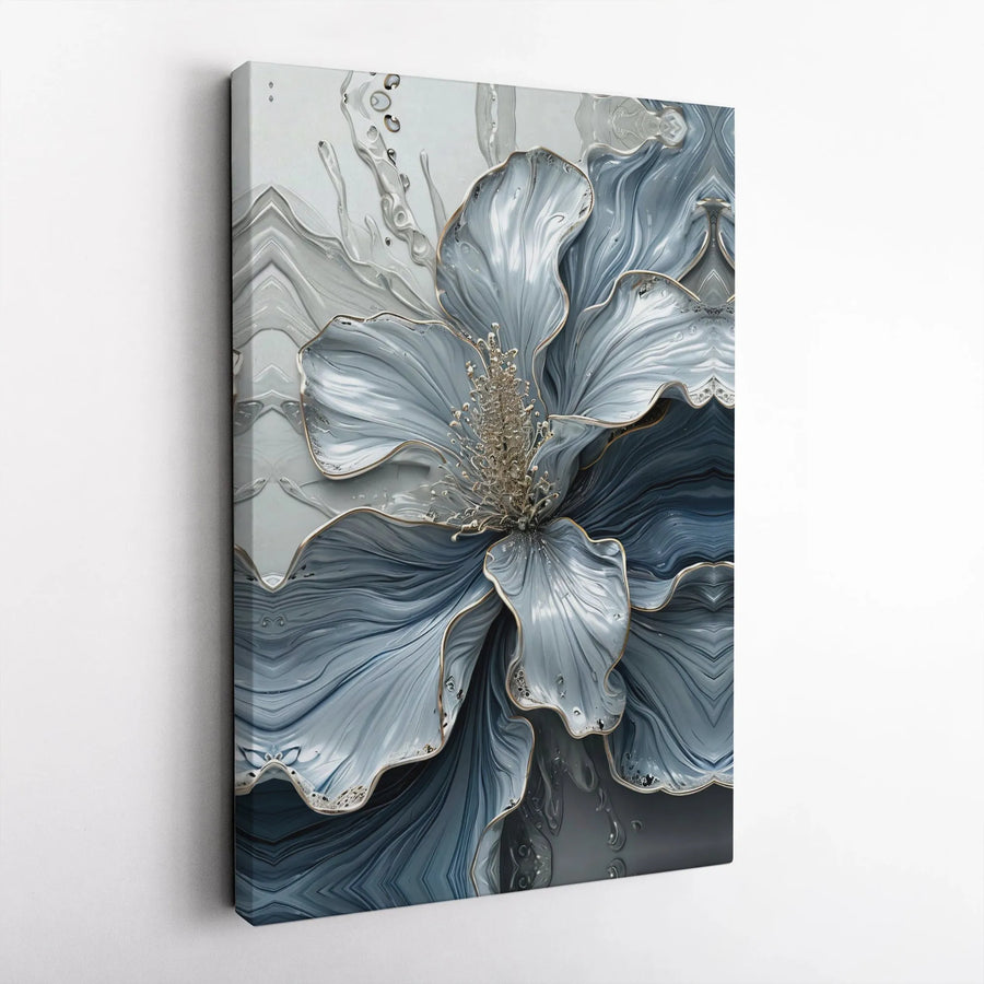 Blue Liquid Flower Vertical Canvas | Abstract 3D Visual Floral Art with Gold Accents | Premium 1.25" Gallery Wrap | Elegant Living Room Wall Decor Gift