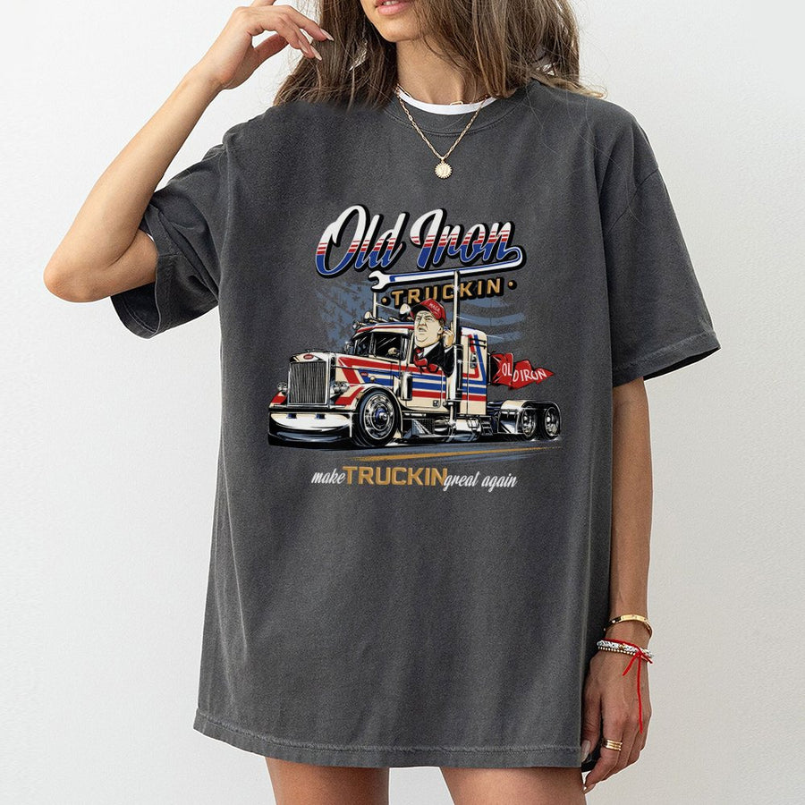 Old Iron Trucking T-Shirt | Patriotic American Truck Graphic | 100% Cotton Premium Quality | Gift for Truck Drivers and Supporters