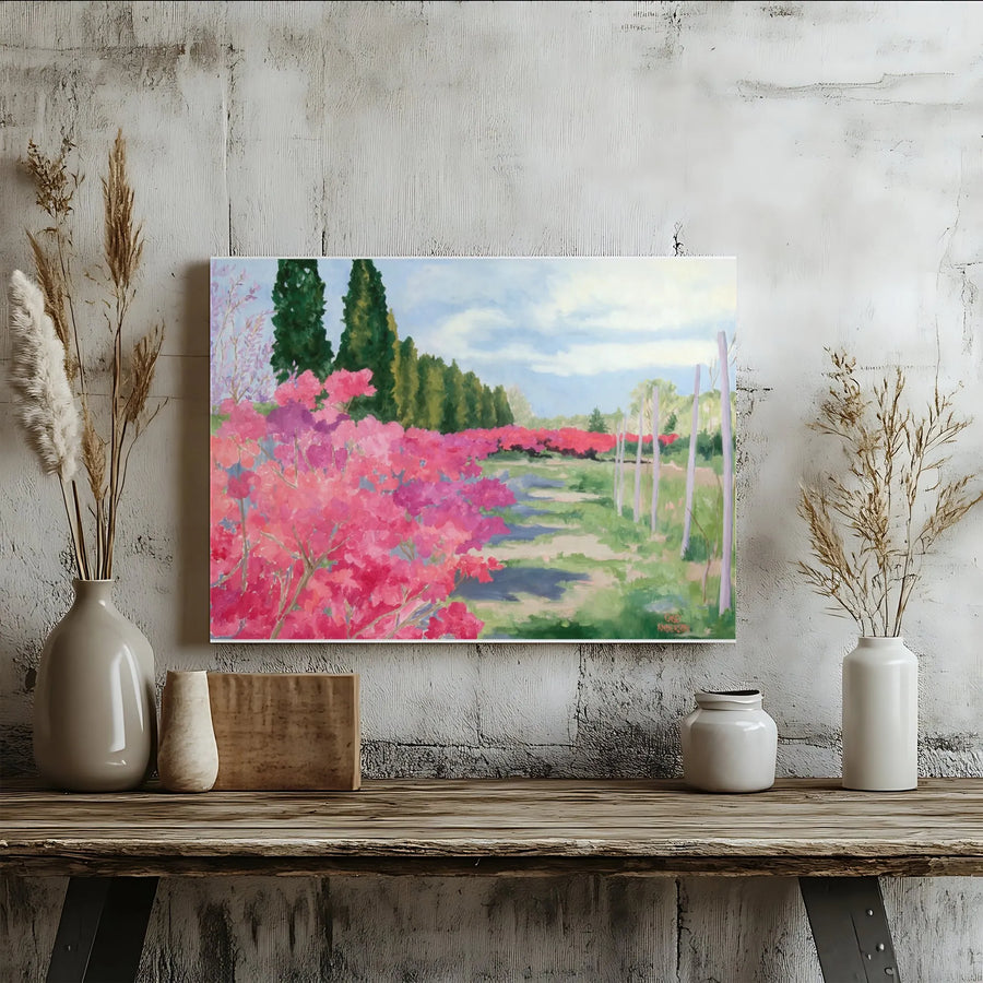 Floral Landscape Canvas Wall Art | Impressionist Vineyard Painting with Scarlet Flowers | Premium Gallery Wrap Print | Modern Farmhouse Living Room Decor Gift