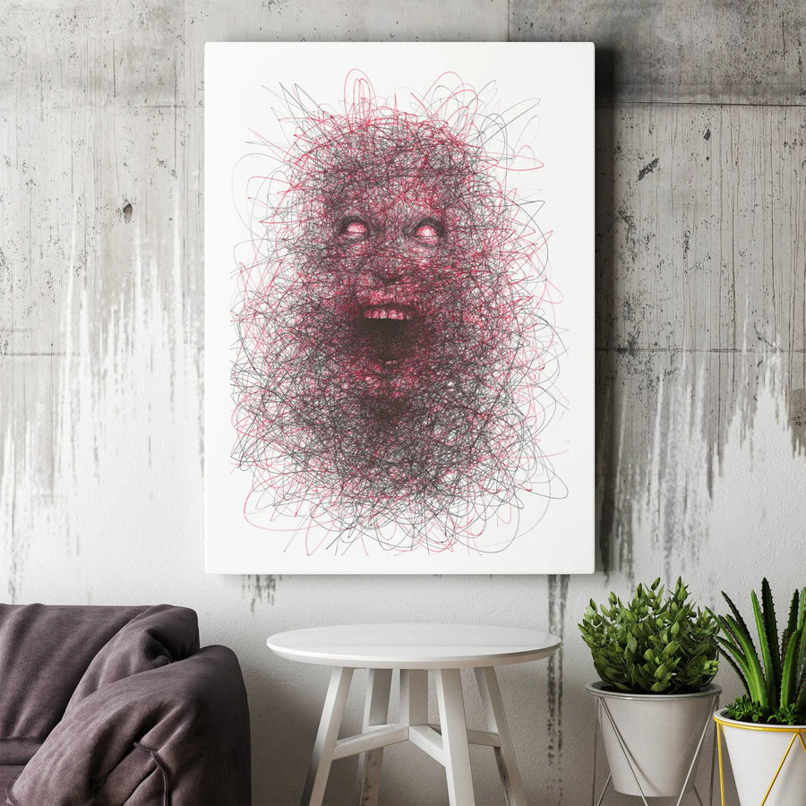 Screaming Face Abstract Canvas Art | Dark Surreal Scribble Sketch | 1.25-Inch Gallery Wrap | Gothic Home Decor Gift for Horror Fans