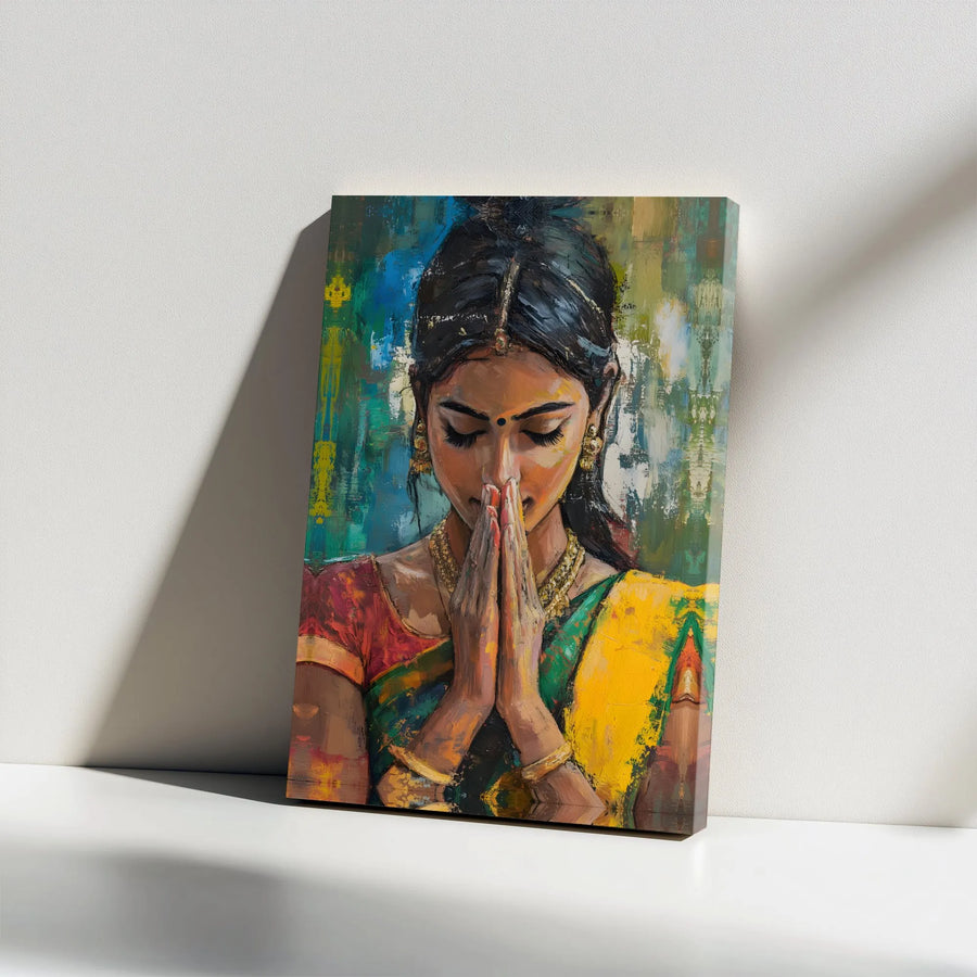 Praying Indian Woman Canvas Art | Colorful Abstract Portrait Painting | Premium Gallery Wrapped Canvas | Spiritual Home & Yoga Studio Decor Gift