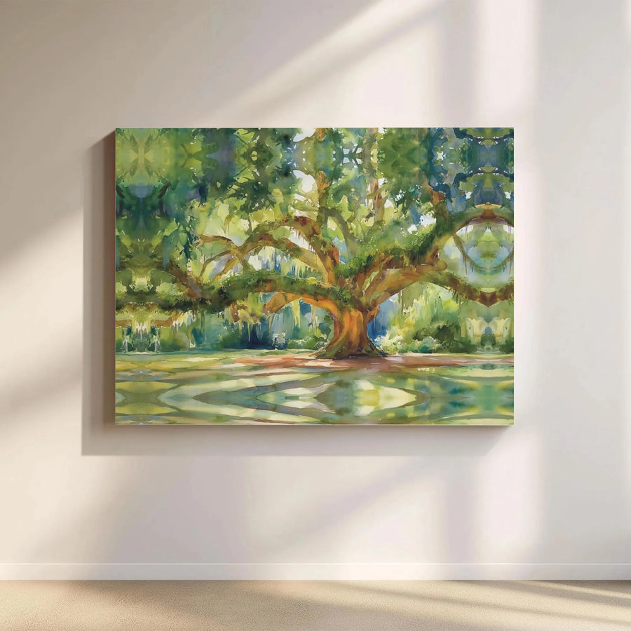Watercolor Oak Tree Landscape Horizontal Canvas | Southern Moss Live Oak Nature Painting Print | Premium 1.25 Inch Thick Frameless Gallery Wrap | Calming Living Room Wall Decor Gift