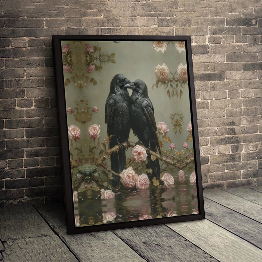 Gothic Raven Wall Art | Romantic Two Crows With Pink Roses | Premium Gallery Canvas | Dark Academia Home Decor Gift