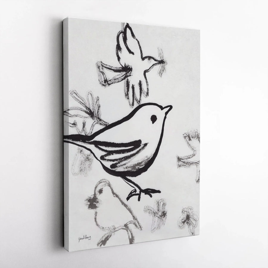 Sumi-e Sparrow Vertical Canvas | Japanese Ink Wash Bird Art | Premium Gallery Wrap Print | Modern Zen Style Home Decor Gift