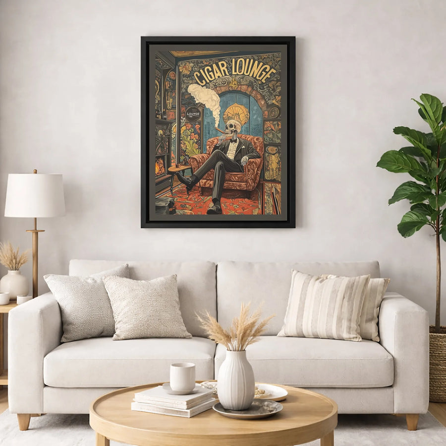 Cigar Lounge Skeleton Canvas Art | Vintage Smoking Gentleman Wall Decor | Premium Fade-Resistant Gallery Wrap | Sophisticated Home Bar Gift