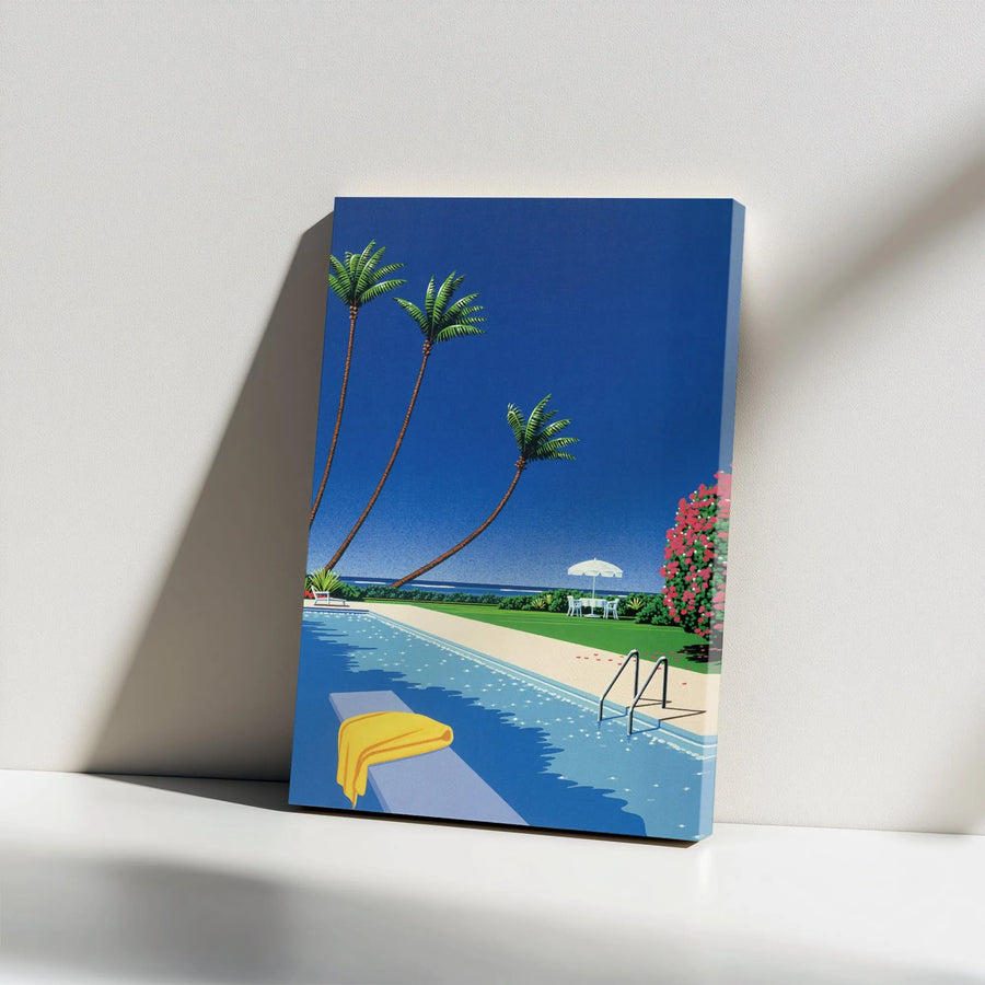 Poolside Palm Tree Canvas Art | Vintage 80s City Pop Aesthetic Print | Premium Gallery Wrap Wall Decor | Tropical Summer Home Gift for Music Lovers