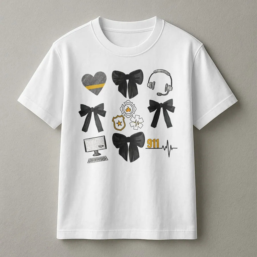 911 Dispatcher T-Shirt | Thin Gold Line Icon Graphic | Premium Cotton Blend Pullover | Gift for Emergency Dispatcher