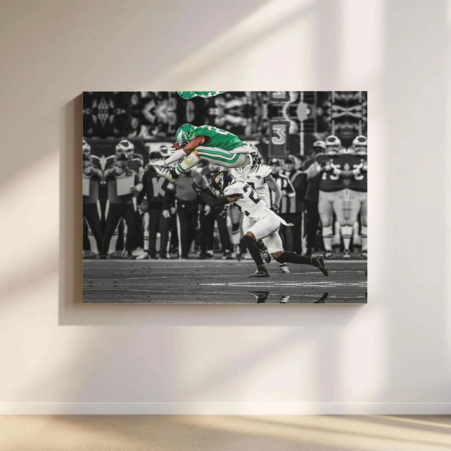 College Football Action Canvas Print | Iconic Hurdle Play Selective Color | Gallery-Quality Premium Wrapped | Sports Wall Art for Fan Cave