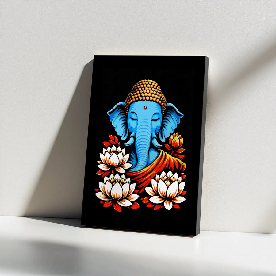 Ganesha Canvas Wall Art | Blue Meditating Buddha With Lotus Flowers | Premium Gallery Wrap Print | Spiritual Home Decor Gift