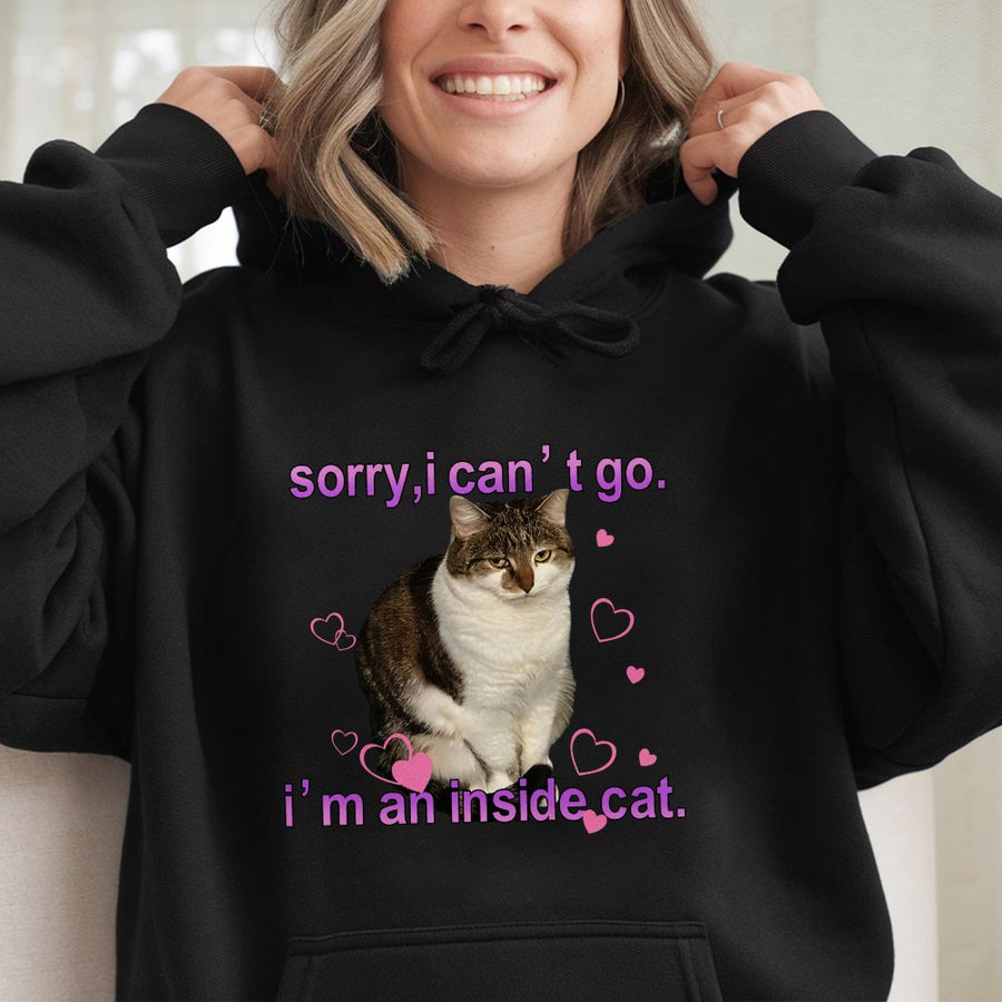 Inside Cat Hoodie | Sorry I Can't Go Funny Graphic Sweatshirt | Premium Cotton Blend | Aesthetic Introvert Gift for Cat Lovers