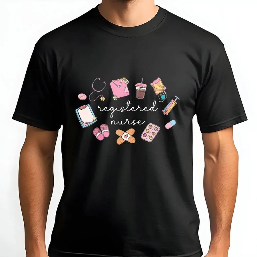 Registered Nurse T-Shirt | Cute Nurse Doodle Graphic | Soft Cotton Blend Pullover | Gift for RN Graduate and Nursing Students