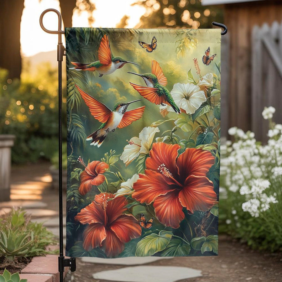 Hummingbird Garden Flag | Tropical Hibiscus Flowers & Butterflies | Weather-Resistant Premium Polyester | Vibrant Summer Yard Decor Gift