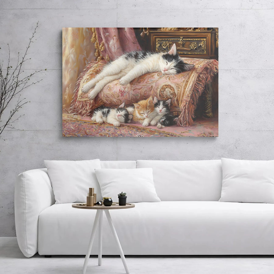 Sleeping Cats Canvas Wall Art | Vintage Mother Cat and Kittens Painting | Premium 1.25" Gallery Wrap | Cozy Home Decor for Cat Lovers