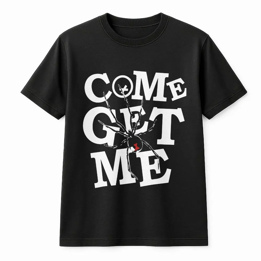 Black Widow Spider Graphic Tee | Come Get Me Streetwear Print | Premium Cotton Shirt | Unisex Gift for Bikers and Racers