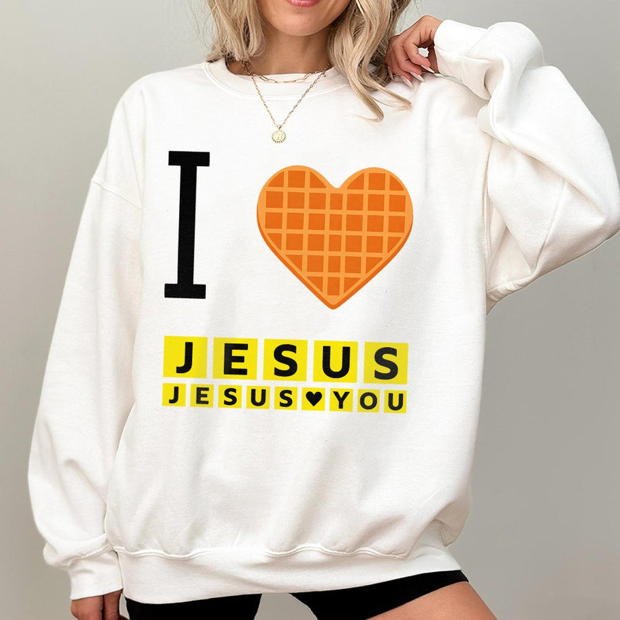 I Love Jesus Waffle Heart Sweatshirt | Funny Christian Breakfast Graphic | Premium Cotton Blend | Religious Gift for Men and Women