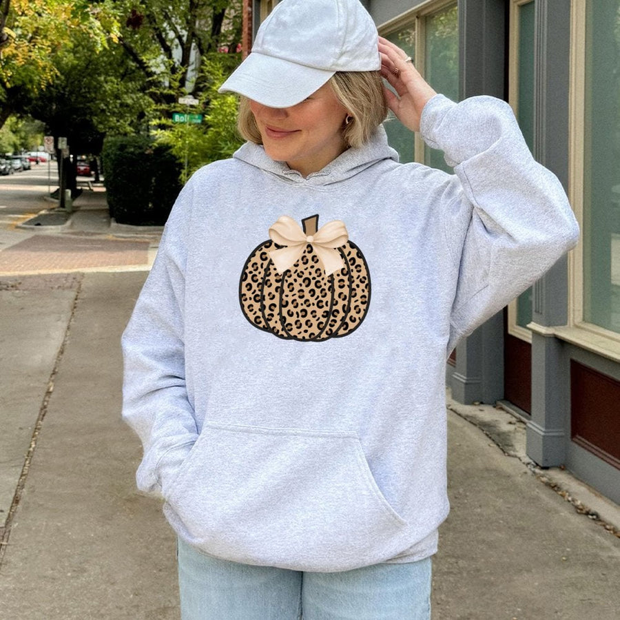 Leopard Pumpkin Hoodie | Coquette Bow Fall Aesthetic Graphic | Soft Cotton-Blend Premium Pullover | Autumn Thanksgiving Gift for Her