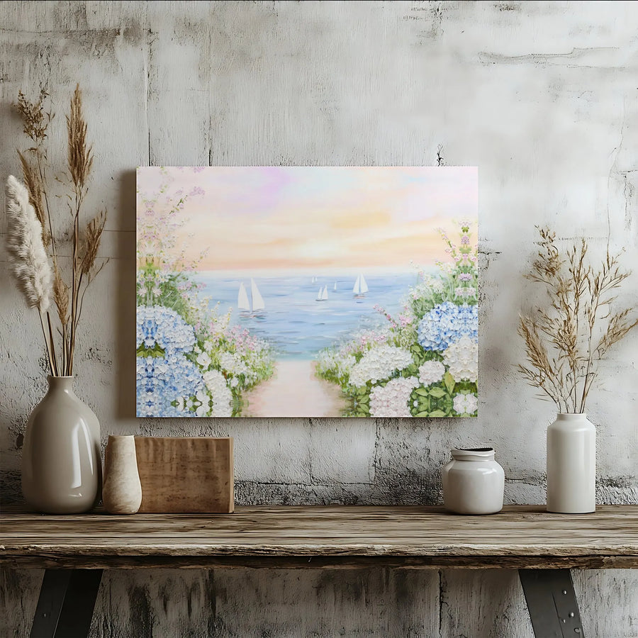 Coastal Seascape Canvas Art | Sailboats and Hydrangea Flowers | Premium Fade-Resistant Gallery Wrap | Elegant Home Decor Wall Print
