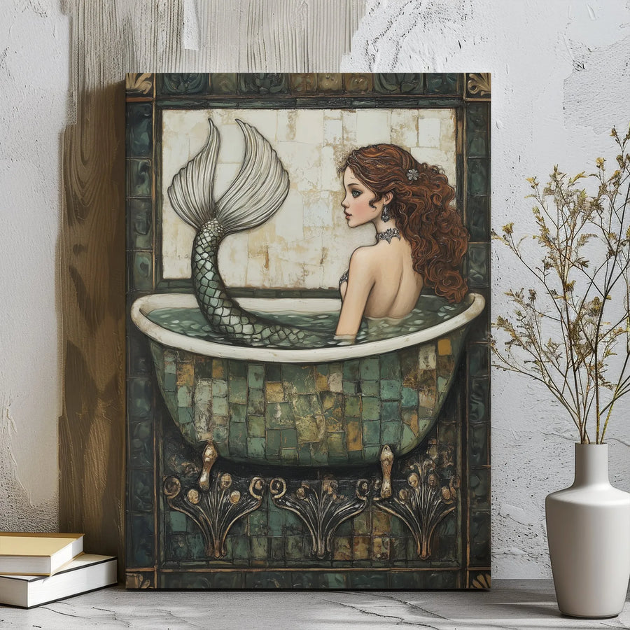Mermaid Wall Art Canvas | Art Nouveau Bathtub Fantasy Illustration | Premium Gallery Wrap Print | Whimsical Bathroom Decor Gift