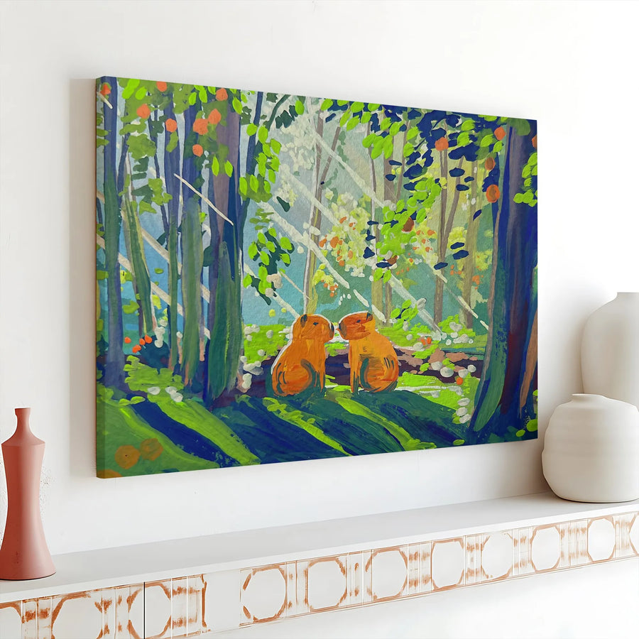 Capybara Couple Canvas Wall Art | Romantic Forest Scene Painting | Premium Gallery Wrapped Print | Anniversary Gift for Animal Lovers