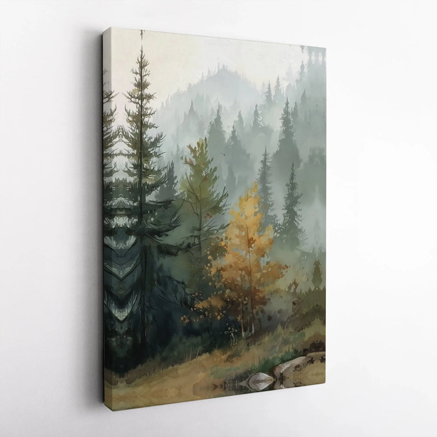 Misty Forest Wall Art | Watercolor Autumn Tree Landscape Print | Premium 1.25-Inch Gallery Canvas | Nature Lover Home Decor Gift
