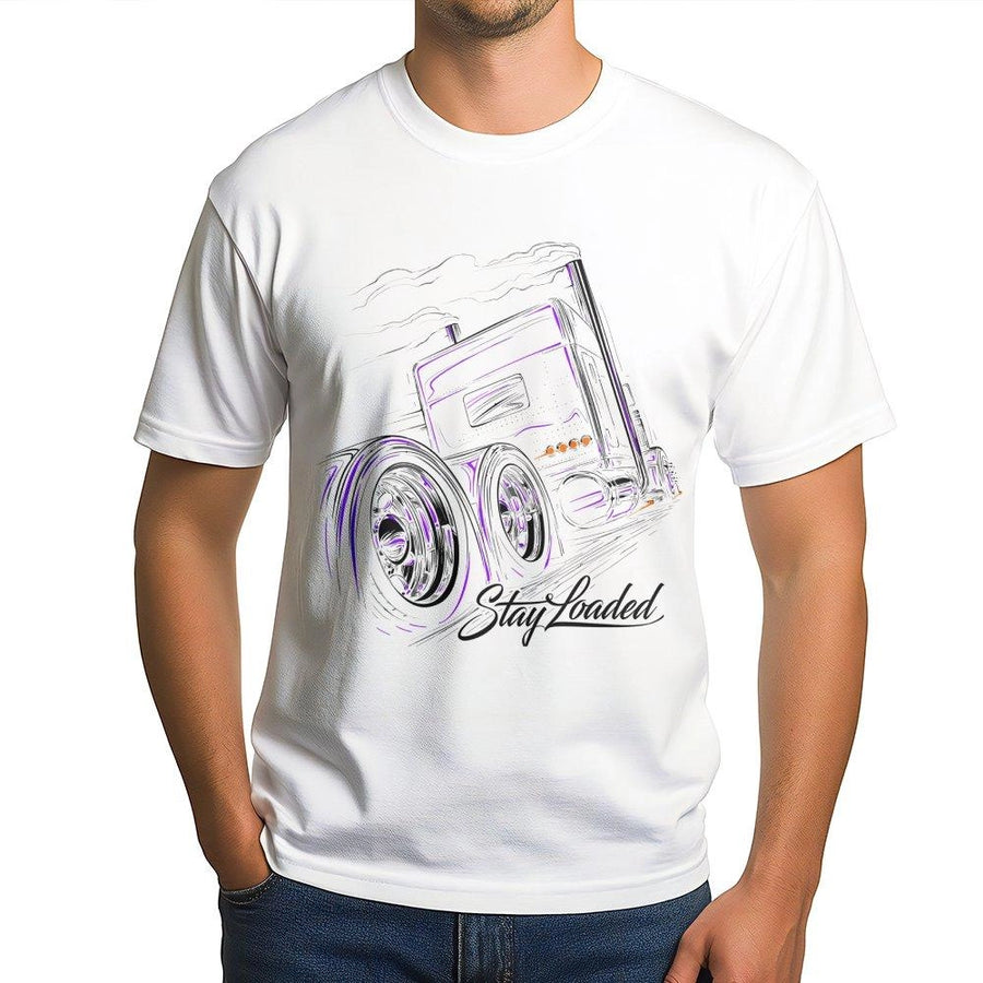 Stay Loaded Trucker T-Shirt | Neon Big Rig Semi Graphic | Premium Soft Cotton Tee | Gift for Truck Drivers and Heavy Duty Automotive Enthusiasts