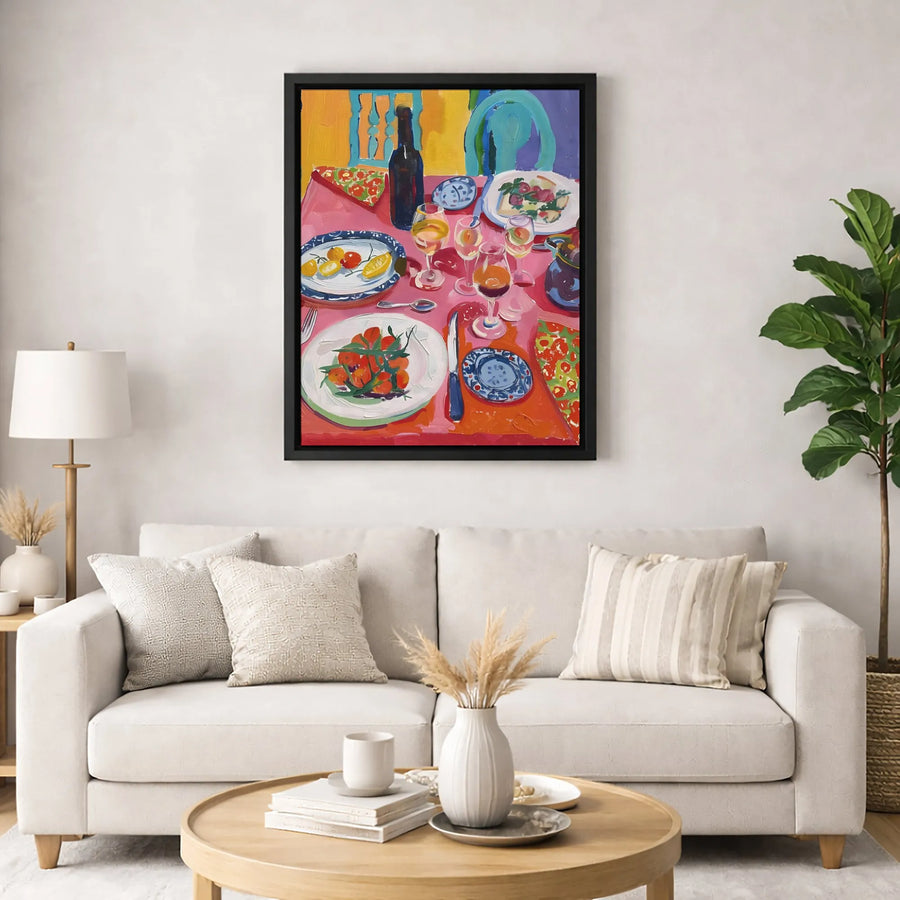 Abstract Dining Table Still Life Canvas | Vibrant Kitchen Food & Wine Painting | Gallery-Quality Fade-Resistant Wall Art | Modern Home Decor Gift