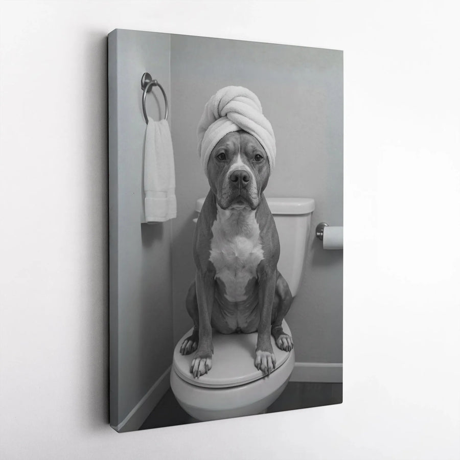 Funny Pit Bull Bathroom Wall Art | Dog on Toilet with Towel Portrait | Premium Gallery Wrap Canvas | Unique Home Decor Gift for Dog Lovers
