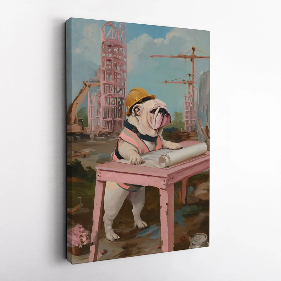 English Bulldog Construction Worker Canvas | Funny Architect Dog Wall Art | Premium 1.25" Gallery Wrap | Unique Gift for Contractor Engineer