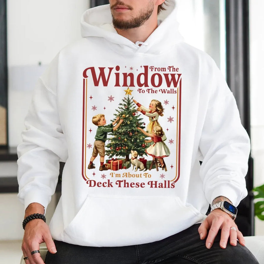 Funny Christmas Hoodie | Retro Deck The Halls Graphic Sweatshirt | Premium Cotton Blend | Holiday Party Gift for Men and Women
