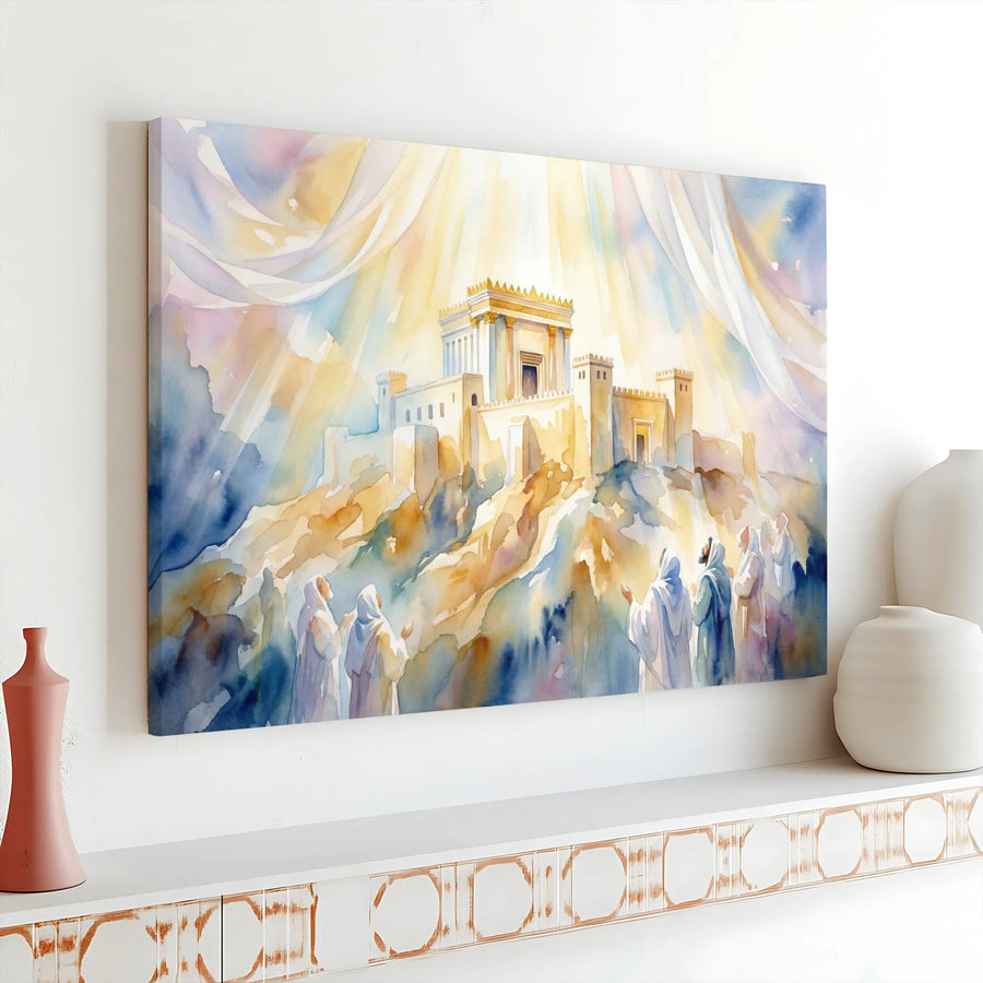 Second Temple of Jerusalem Wall Art | Ethereal Watercolor Painting | Premium Gallery Wrapped Canvas | Spiritual Christian & Jewish Faith Gift
