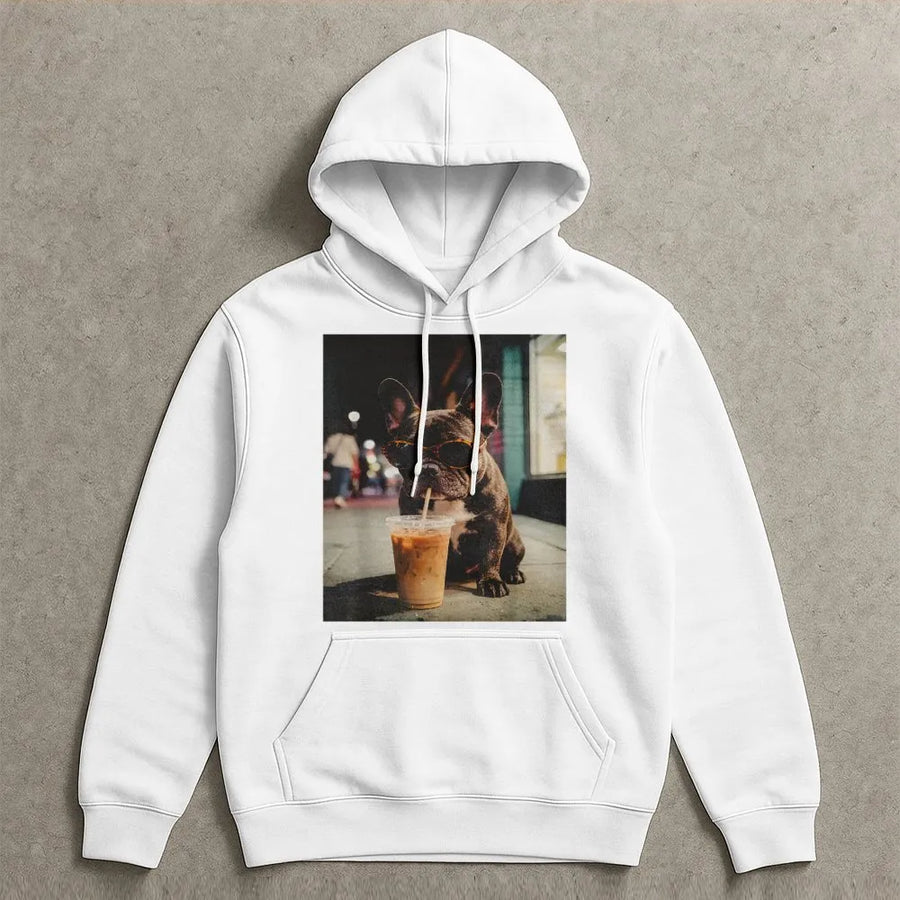 French Bulldog Hoodie | Funny Dog with Iced Coffee Graphic | Premium Cotton Blend Sweatshirt | Gift for Frenchie Mom & Coffee Lover