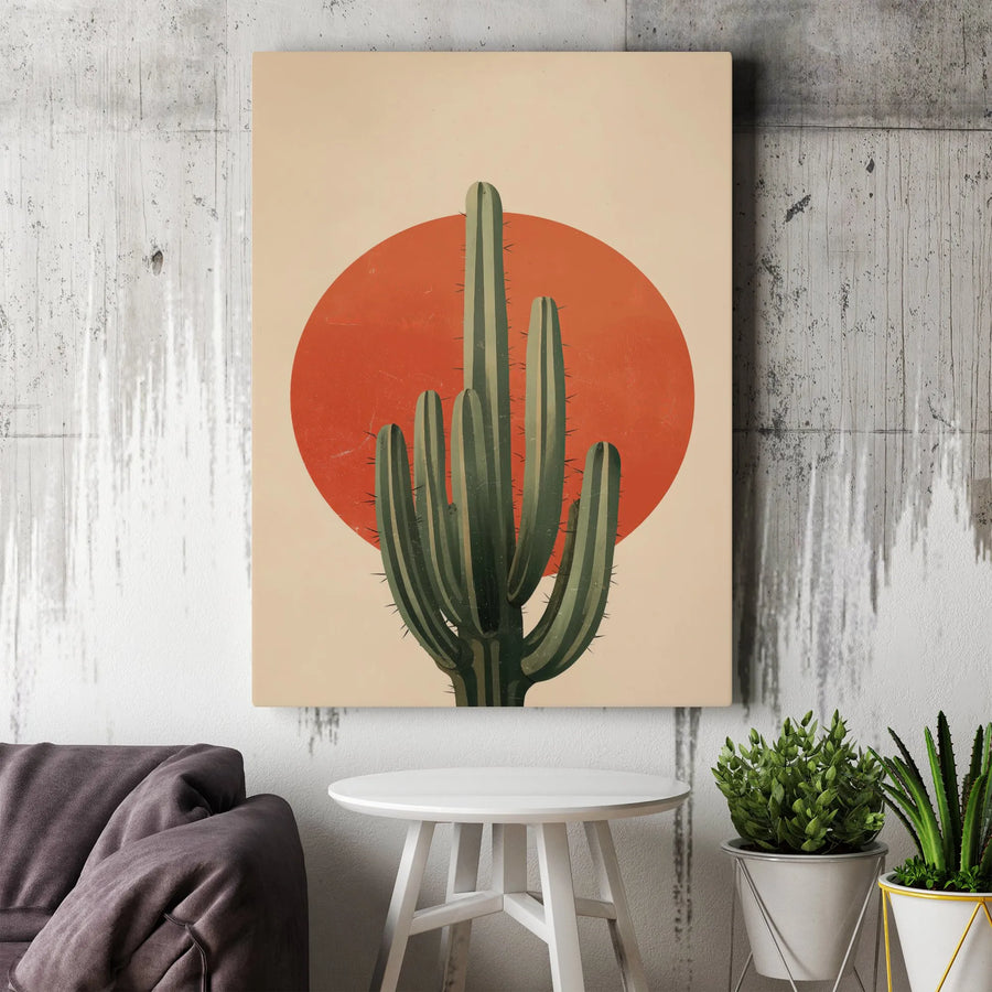 Southwestern Cactus Canvas Wall Art | Minimalist Retro Sun Design | Premium Gallery Wrapped Canvas | Modern Boho Home Decor Gift