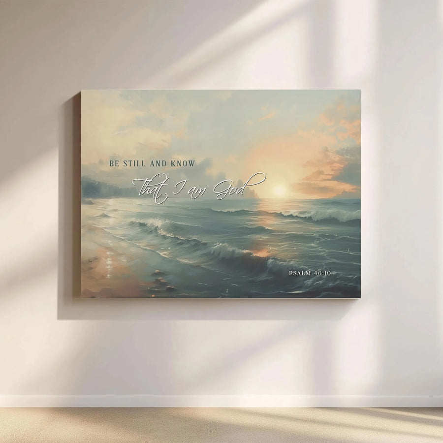 Psalm 46:10 Canvas Print | Be Still and Know Coastal Sunrise Wall Art | Premium Framed Religious Decor | Christian Housewarming Gift