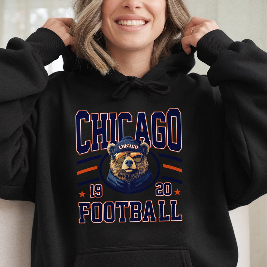 Vintage Chicago Football Hoodie, Retro Bear Mascot Graphic, Unisex Tailgate Football Outfit For Men & Women